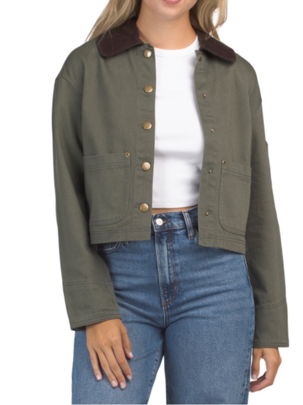 BAGATELLE COLLECTION Cropped Olive Green Canvas Jacket with Brown Collar